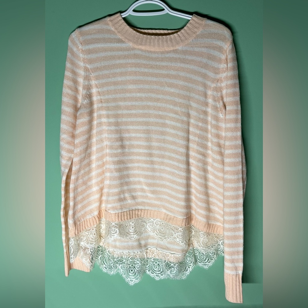 Striped Pink and White Sweater with Lace Hem